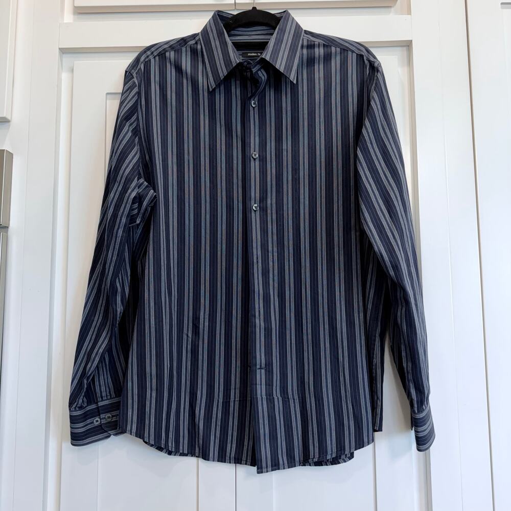 John Henry Men’s Navy Stripe Button-Up Shirt 100% Cotton Modern Fit Size L